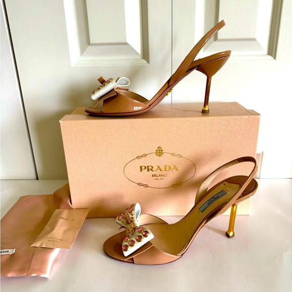 PRADA Nude Patent Leather Rhinestones Bow Slingbacks 8/38.5 EUC - Picture 1 of 8